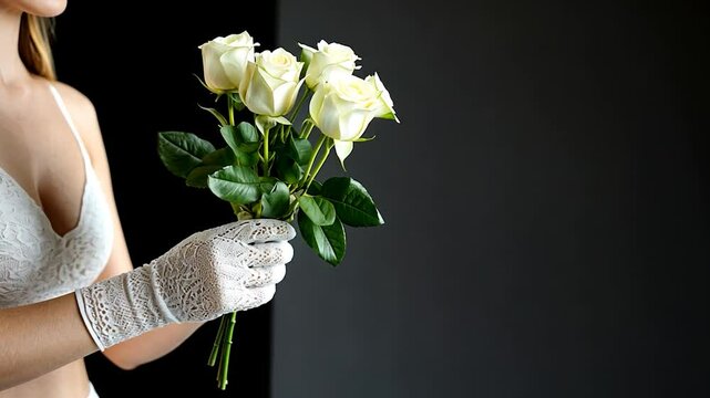 White rose bouquet in lacy glove against dark background minimal still life