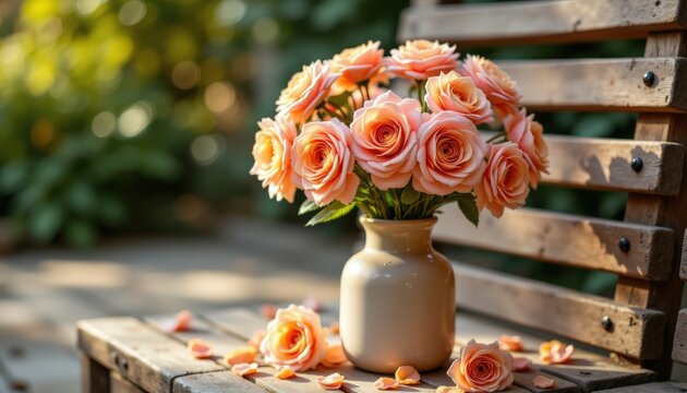 natural flat lay of a delicate pink and orange flower bouquet placed in a cerami