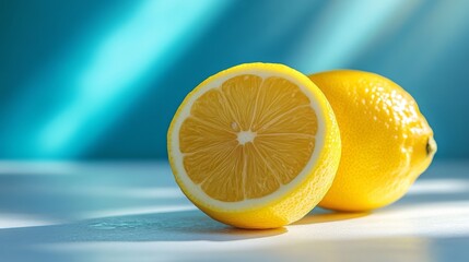 Zesty Lemon Still Life: A Vibrant Display of Citrus Freshness Against a Turquoise Backdrop Enhanced by Dynamic Light and Shadow Play