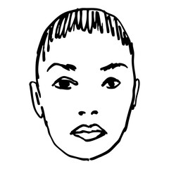 Pretty female face. Portrait of a beautiful woman. Hand drawn linear doodle rough sketch. Black and white silhouette.