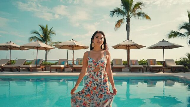 夏のプールサイドで輝く女性、夏の休日を楽しむ女性