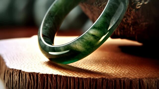 Close-up of polished translucent green jade bangle bracelet on a textured surface creating a sense of beauty, luxury, tradition, and cultural symbolism.