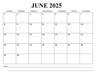 Monthly Calendar June 2025 Vector Design