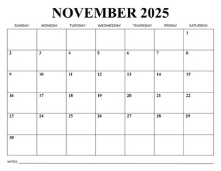 Monthly Calendar November 2025 Vector Design