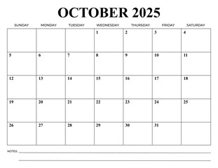 Monthly Calendar October 2025 Vector Design