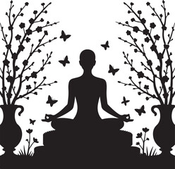 Peaceful Yoga and Meditation Silhouette in Nature | Black and White Spiritual Artwork