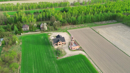 Drone view of rural house under construction