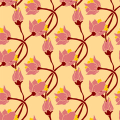 Seamless Floral Pattern with Pink Blossoms on a yellow orange background