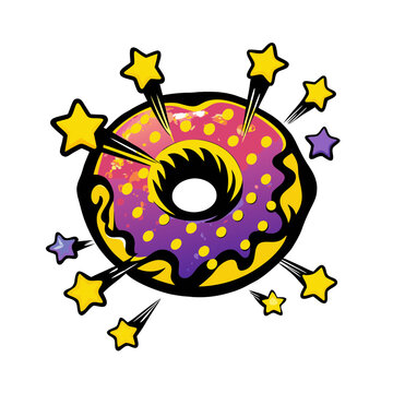 Colorful donut with stars in pop art comic style on transparent background  