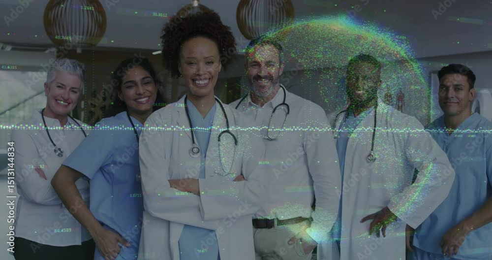 Poster digital glitch revealing medical team in hallway with animated globe overlay emphasizing unity