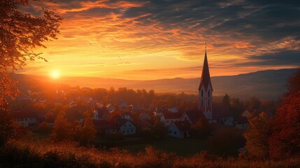 Fototapeta premium Picturesque village nestled under a vibrant sunset with a striking church spire