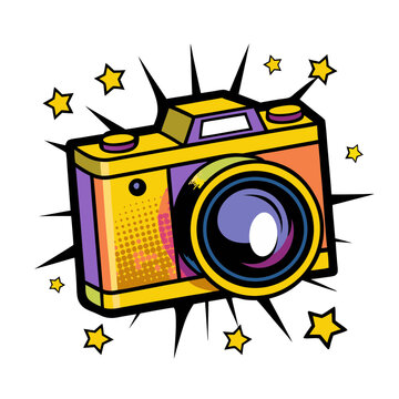 Colorful camera illustration in pop art comic style with stars, transparent background  