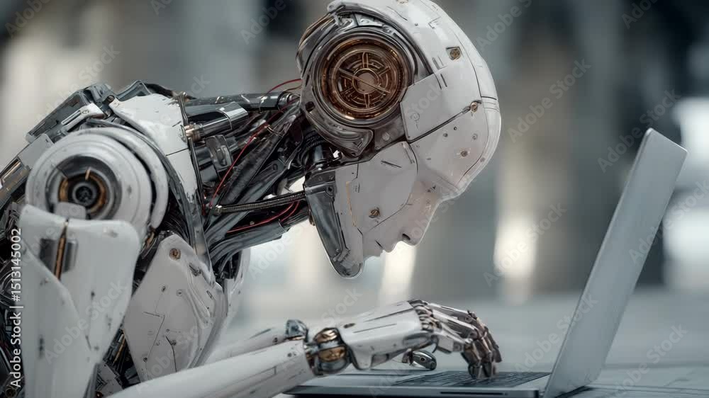 Poster futuristic robot with mechanical parts working on laptop using artificial intelligence technology