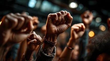 Group of people raising clenched fists in solidarity and protest