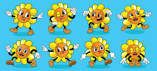Hand drawn retro cute flowers cartoon vector illustration