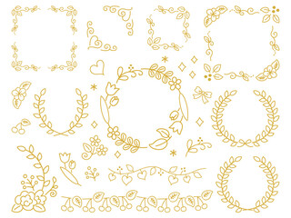 手描きのボタニカルフレームのセット、金色の画線