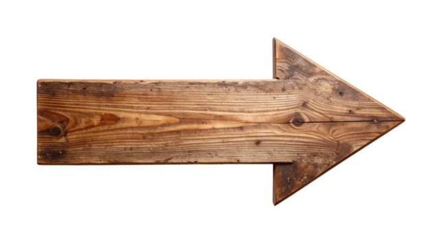 weathered wood arrow points right on transparent background