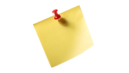 yellow note paper with push pin, Yellow sticky post it note with red pushpin isolated transparent background, realistic image, 8k resolution