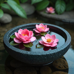 Elegant pink water lilies floating in a black stone bowl filled with calm water and greenery