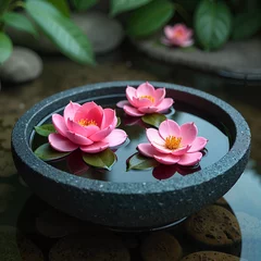 Elegant pink water lilies floating in a black stone bowl filled with calm water and greenery