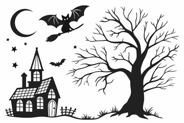 halloween,spooky,haunted house,bare tree,moon,bats,silhouette,dark,monochrome,gothic,vector art
