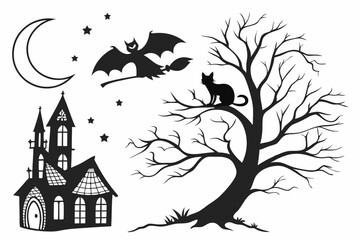 halloween,spooky,haunted house,bare tree,moon,bats,silhouette,dark,monochrome,gothic,vector art
