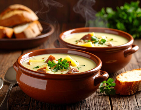 Steaming sopa paraguaya served in clay bowls and paired with slices of fresh baked cassava.