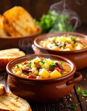 Steaming sopa paraguaya served in clay bowls and paired with slices of fresh baked cassava.