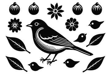Elegant Black and White Bird Illustration with Floral and Leaf Elements