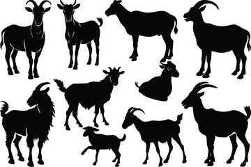 Collection of Goat Silhouettes Diverse Breeds in Black and White