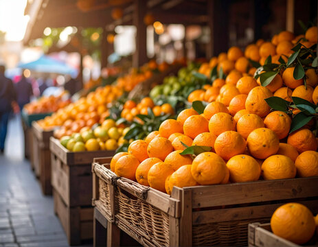 Locally grown citrus fruits, like oranges and grapefruits, are piled high, showcasing the fresh agricultural bounty. - Powered by Adobe