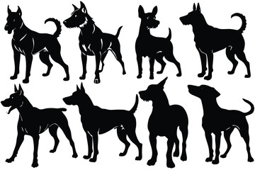 Collection of Eight Dog Silhouettes Elegant Black and White Canine Illustrations