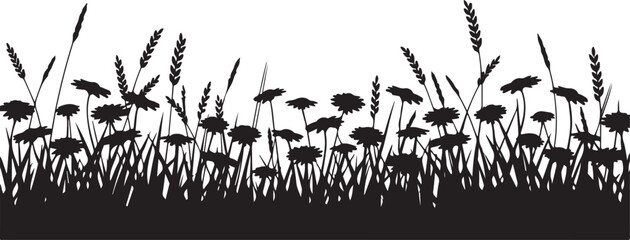 Silhouette of Wildflowers and Wheat in Field Border &ndash; Rustic Nature Landscape Illustration