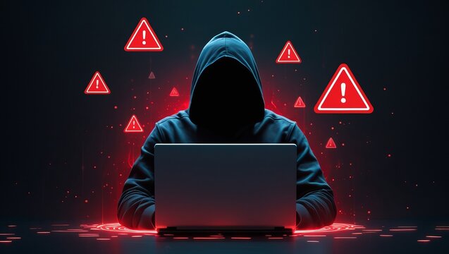 A mysterious figure in a dark hoodie works on a laptop, surrounded by glowing warning symbols, evoking a sense of urgency and alert.