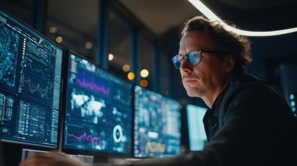 A data scientist working with multiple computer monitors showing graphs and neural networks, dark modern office, glowing screens, futuristic tech environment, focused expression.