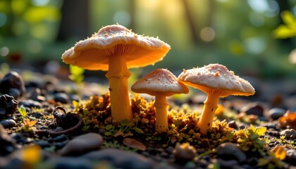 a serene outdoor scene featuring three mushrooms in various stages of growth