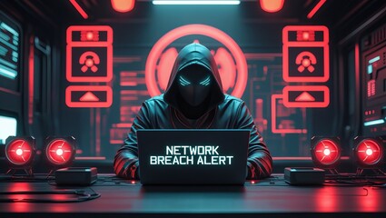 A mysterious hooded figure, focused on a laptop, alerts on a network breach in a red-lit cyber environment.