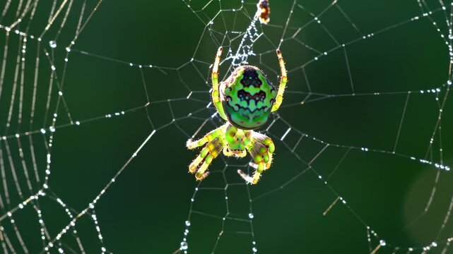 Green spider on web