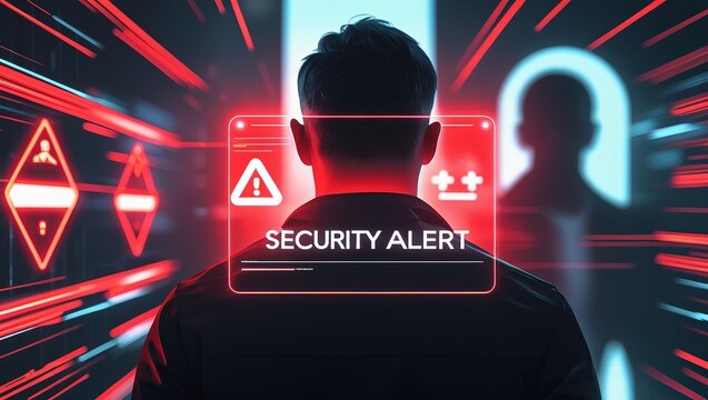A male figure stands alert, surrounded by digital security warnings in a futuristic setting, conveying a sense of urgency and vigilance. - Powered by Adobe