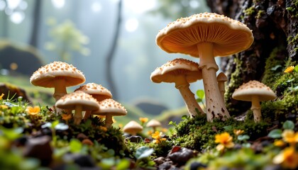Fototapeta premium a vibrant forest scene where four mushrooms with orange caps are sprouting amidst lush green moss