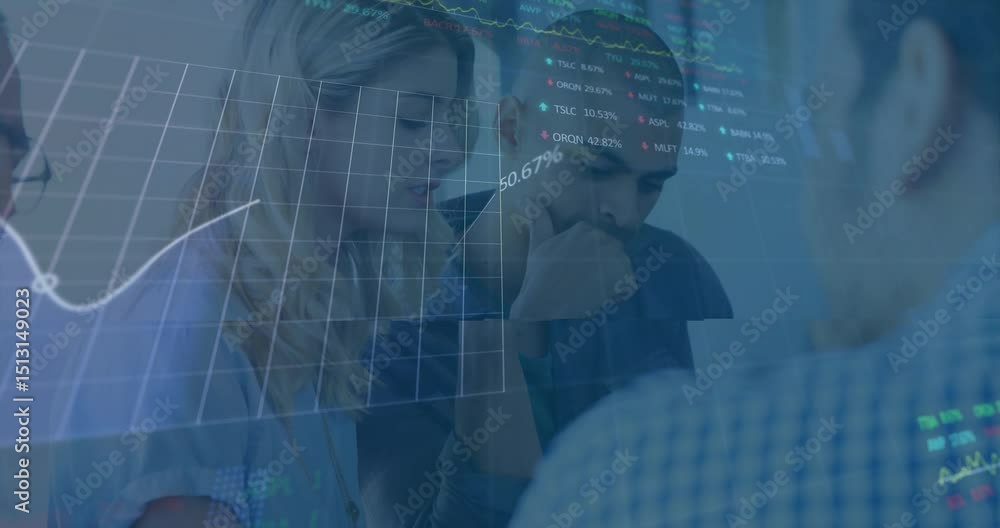Poster woman tracing transparent chart curve and team analyzing rising stock graphs for key insight