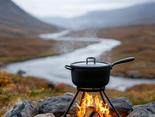 Cooking outdoor campfire concept. A pot cooking over an open fire by a river in a scenic landscape.
