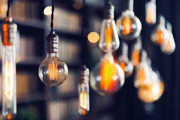 Vintage edison bulbs illuminating a cozy library setting with warm ambient glow