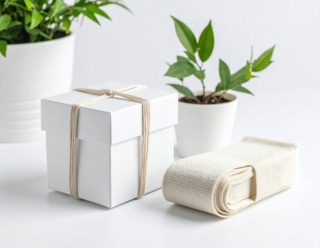 Gift box with elastic bandage and plants on a white background