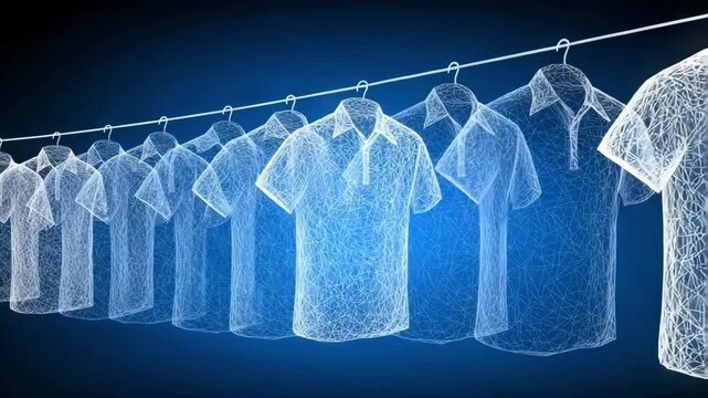 Transparent polo shirt hanging on clothesline with digital mesh design and glowing blue background