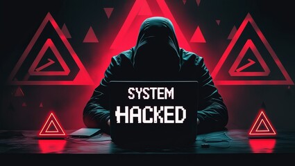A hooded figure in silhouette, working on a laptop displaying 'SYSTEM HACKED' in neon font. A dark, ominous atmosphere surrounds them.