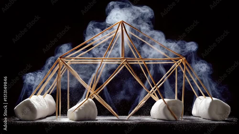 Poster creative marshmallow structure with wooden stick and smoke on black background creating unique scene