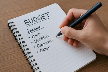 Budget planning notebook with income categories listed, including rent, utilities, and groceries