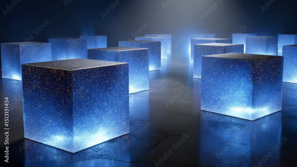 Poster glowing blue cubes with starry pattern on dark floor create mysterious atmosphere