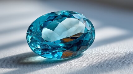Translucent aquamarine on a soft white background, serene blue glow, elegant gemstone close-up